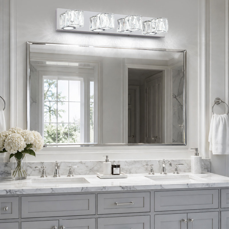 Luminaire mural moderne pour meuble-lavabo à 4 lumières 27,6 po en chrome avec abat-jour en cristal, DEL intégrée, à intensité variable, 6000 K, pour miroir