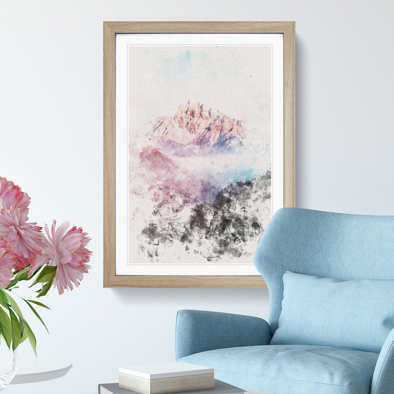 Fog Over Misurina Mountain In Italy Watercolour - Picture Frame Graphic Art, 45cm H x 33cm W x 2cm D, Oak Framed