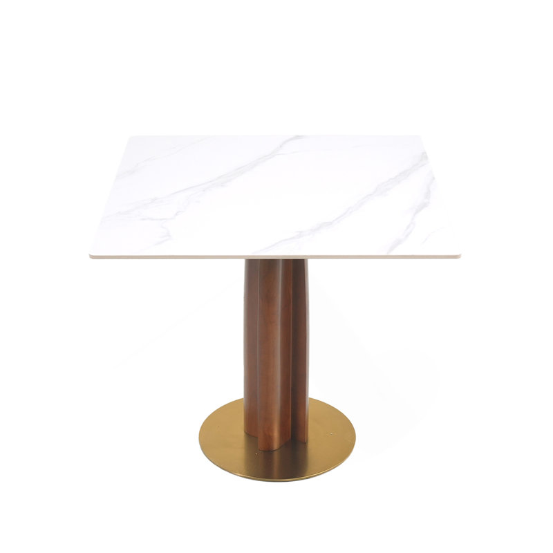 Table de salle à manger moderne carrée, table en pierre frittée de 33,5 po avec pieds en bois et base dorée, table de cuisine pour 2 personnes pour un petit espace, capacité de poids de 150 lb (seulement la table de Négociation)