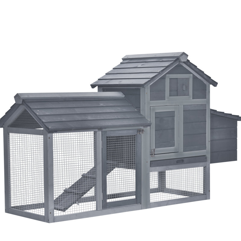 Cage à poulet 59 po, bois gris - pour l'extérieur, avec 2 portes, nichoir et plateau de propreté, poulailler en bois, construction, boîte, débris amovibles
