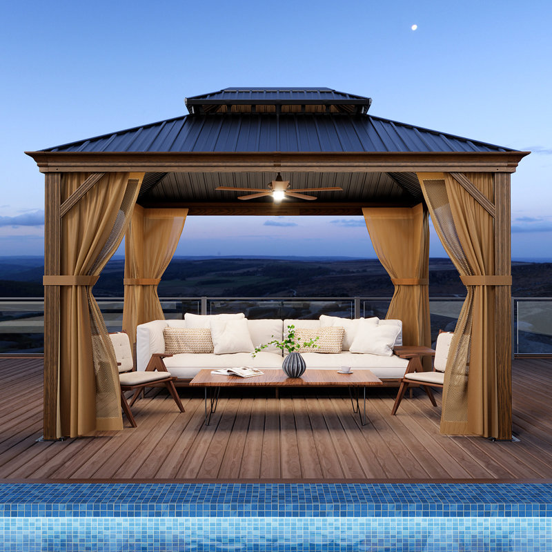 Pavillon de jardin en métal à toit double et toit rigide, L 126 po x L 144 po, Noyer