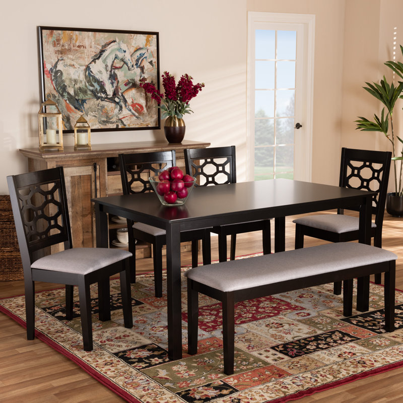 6 - Person Four Leg Dining Set, Dark Brown, Dark Brown/Gray