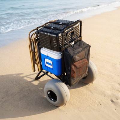 Beach Dolly avec de grandes roues pour le sable, une plate-forme de chargement de 18 po x 15 po, un chariot de sable pliable avec des roues à ballons de 12 po, une capacité de chargement de 165 lb et une hauteur réglable de 34 à 45 po, chariot robuste pour le camping de plage