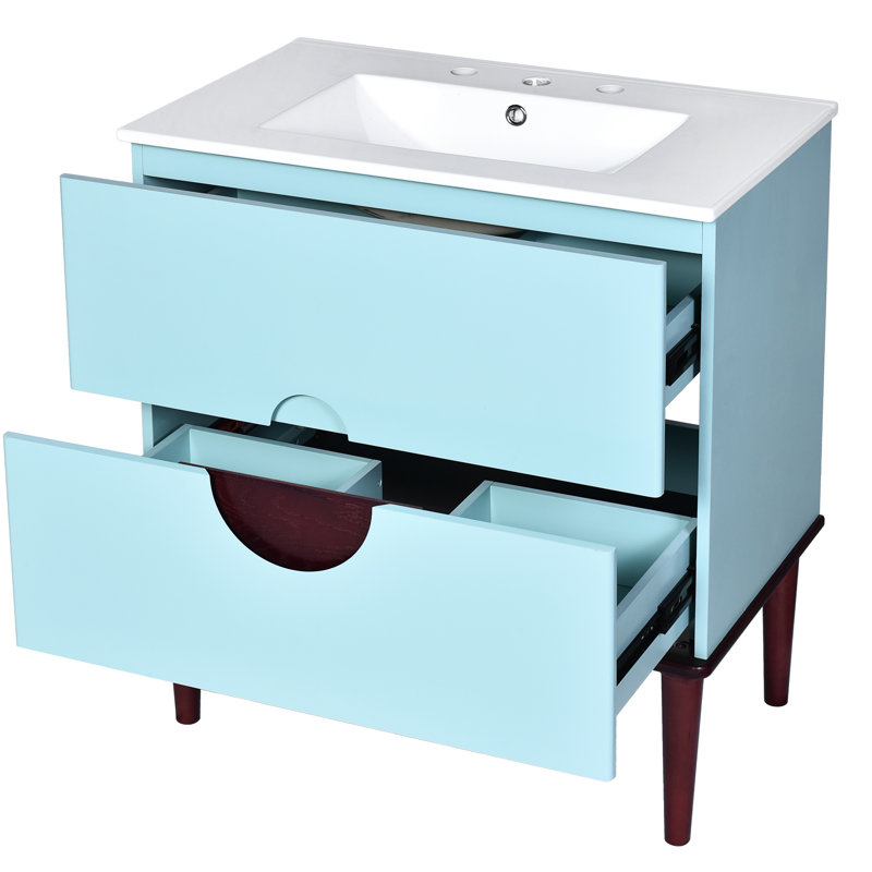 Ensemble de meuble-lavabo 30 po avec lavabo en céramique et 2 tiroirs en bois massif bleu moderne