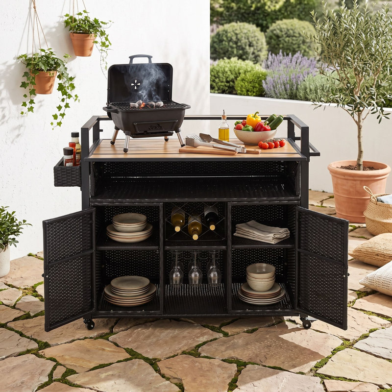 Chariot de barbecue en osier avec plateau de table et armoire de rangement, Black Brown