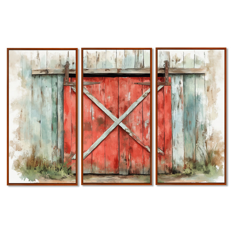 Porte de grange rouge rustique - Art mural encadré 3 pièces, 40" H x 60" W, Cadre flottant brun