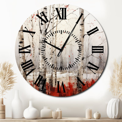 White And Red Birch Wood In Winter II - Tree Birch Black Face Wall Clock