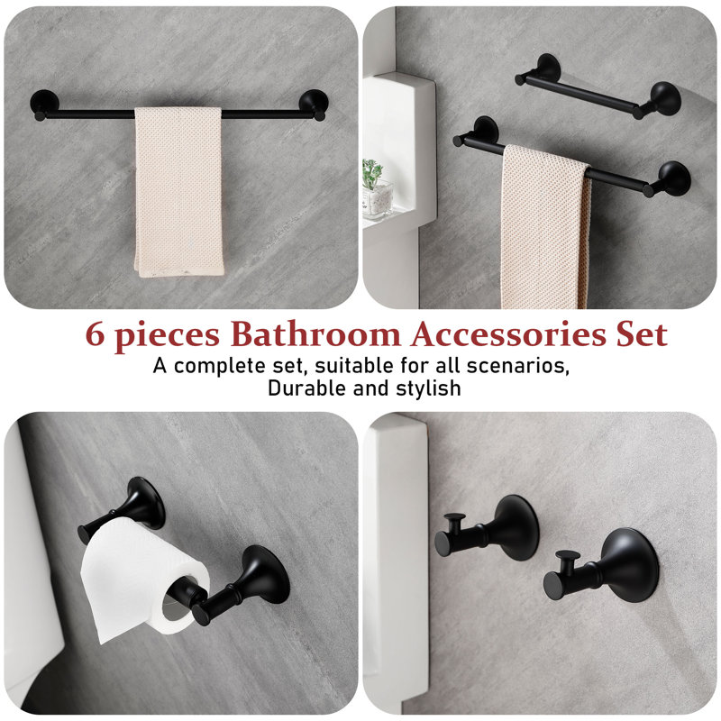 6 - Piece Bathroom Hardware Set, Matte Black, 3" H x 22" W x 3" D
