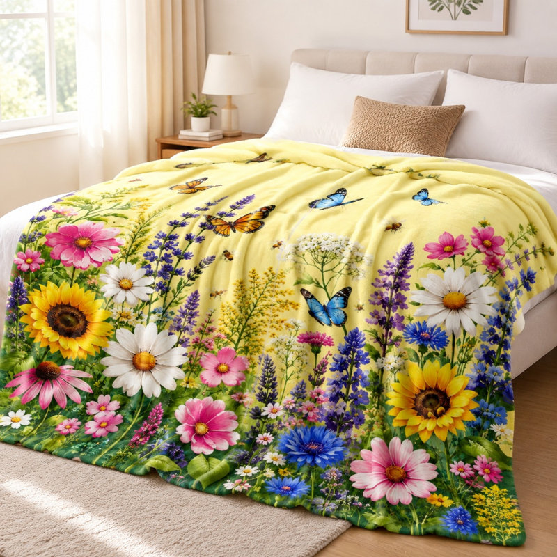 Vibrant Butterfly Meadow Print Fleece Blanket, Cozy Lightweight Plush Throw for Sofa Couch Bedroom Living Room Home Decoration