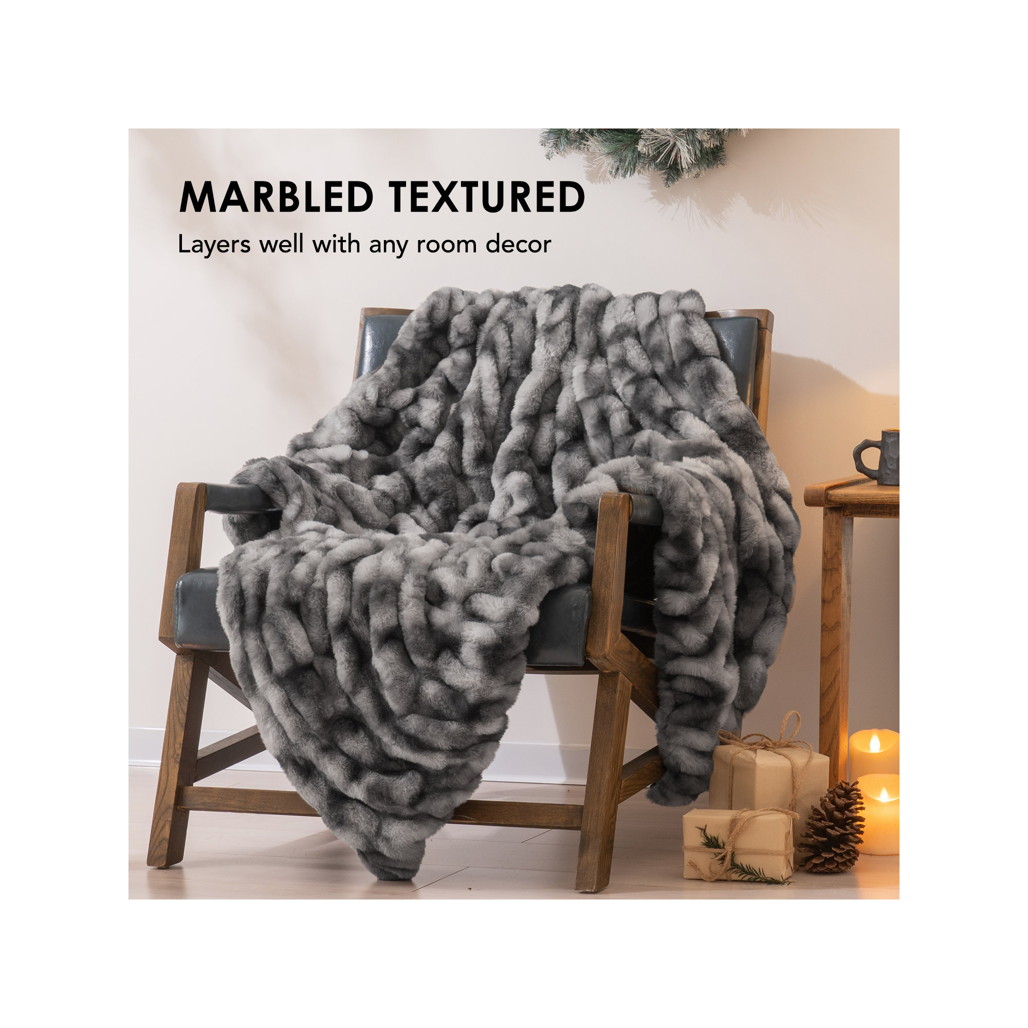 Ruched Bubble Faux Fur Throw Blanket, 60" W x 80" L, Gray