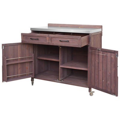 39.4" Outdoor Kitchen Island with Stainless Table Top, Outdoor Storage Kitchen Cabinet with One Large Drawer, Adjustable Shelves, Internal Storage Racks & 4 Wheels for Pizza Prep