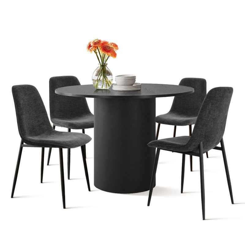 Folmar 4 - Person Dining Table Sets With 41.5'' Round Table & 4 Upholstered Chenille Chairs, Dark Gray