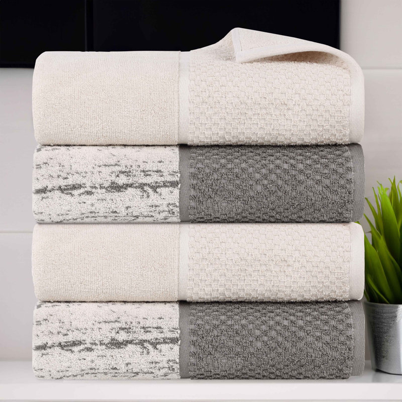 Serviette de bain en coton jacquard Lodie, Ivoire / gris anthracite