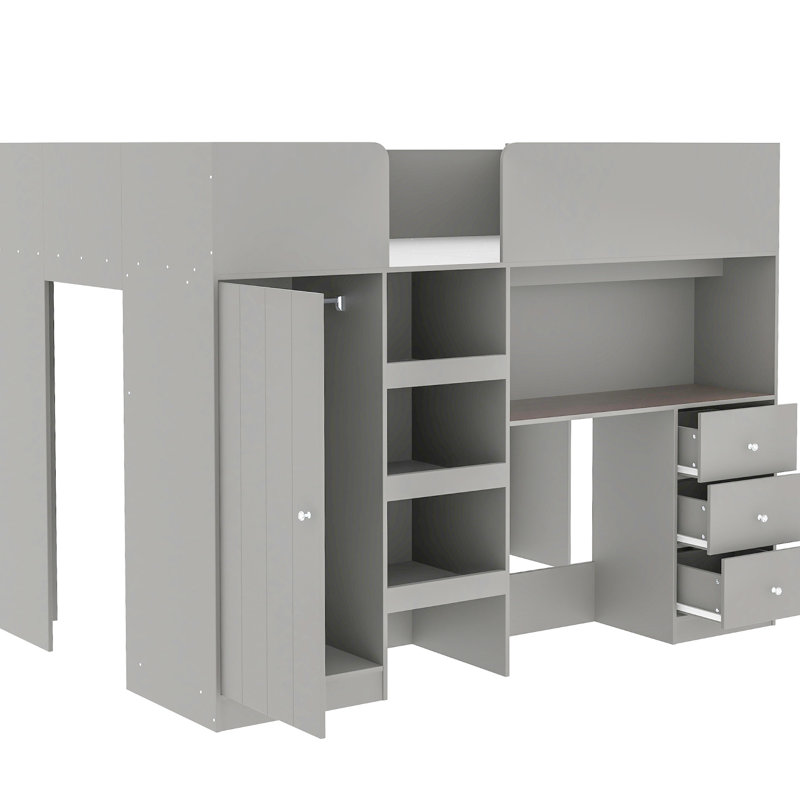 Lit mezzanine double gris avec bureau, rangement et garde-robe