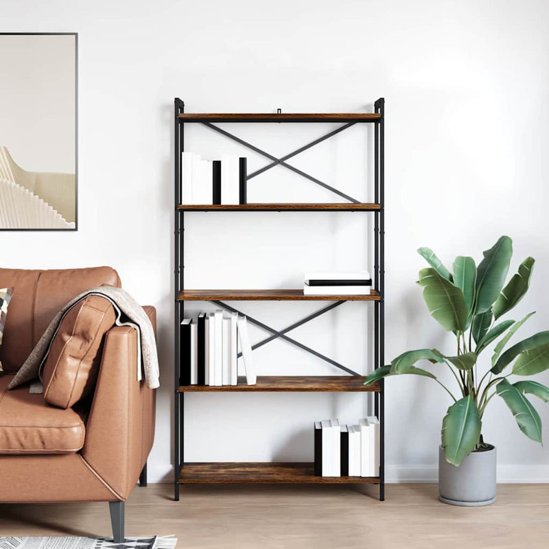 Steel Bookcase, (5 Shelves) 153cm H x 80cm W x 30cm D, Brown/Black