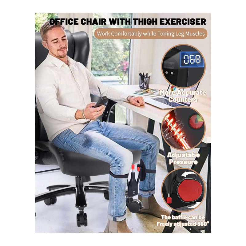 Fauteuil de direction avec exerciseur pour les cuisses, support lombaire ajustable pour les grands maux de dos, chaise d'ordinateur ergonomique à haut dossier, base en métal robuste et siège extra large