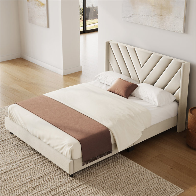 Permelia Upholstered Wingback Bed, Queen, Beige