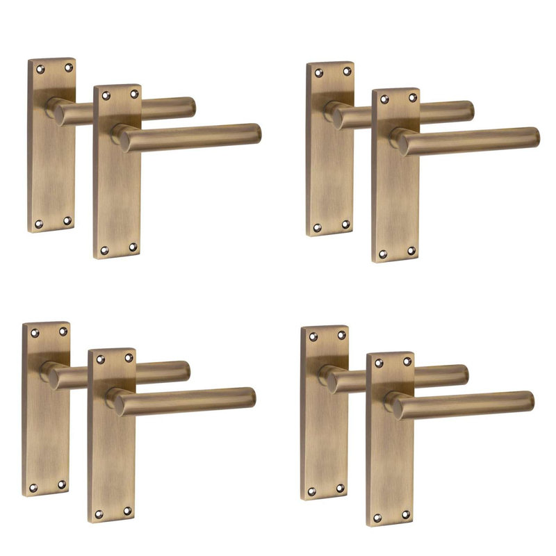 Golden Grace 4 Pairs Victorian Straight T-Bar Scroll Interior Door Handle on Backplate Antique Brass - 150mm x 40mm