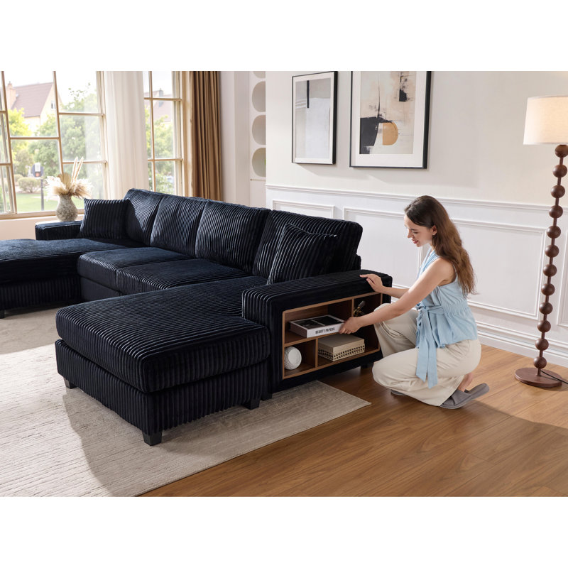Canapé convertible combiné en forme de U, tissu velours côtelé, canapé moderne confortable de grande taille à 4 places, fauteuil double salon, noir