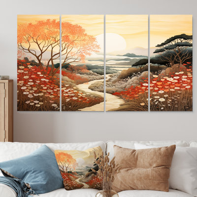 «Autumn Floral Country Road Sunset», art mural campagne 4 pièces