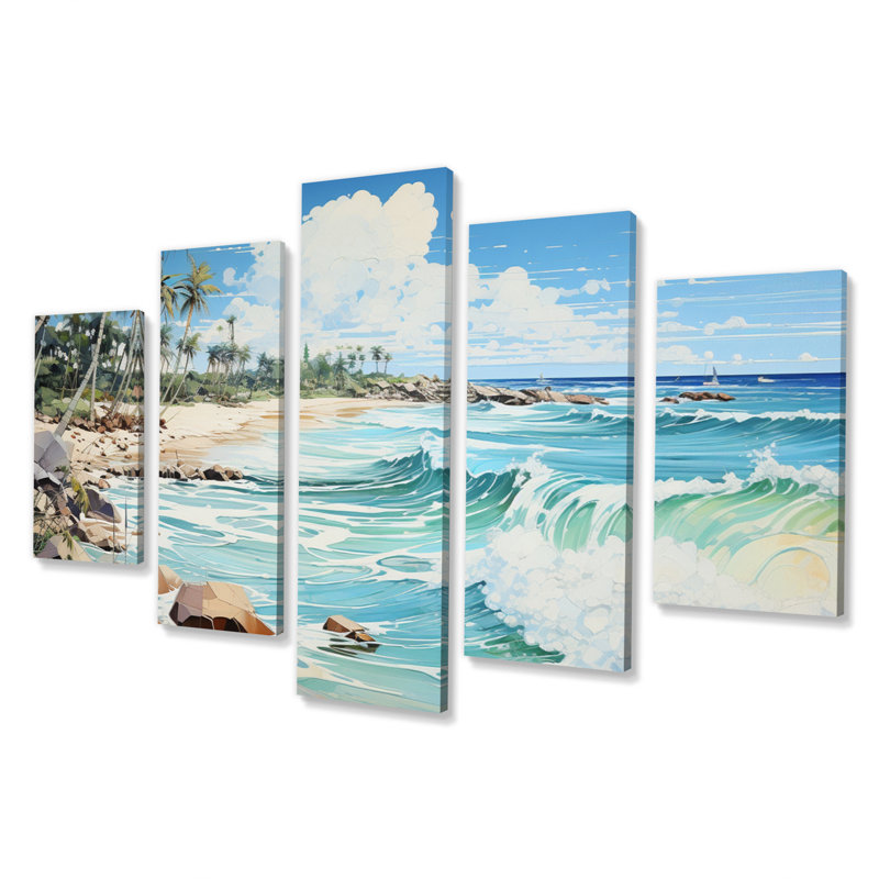 Blue Tropical Serenity II - Nautique et plage, art mural, salon - 5 panneaux