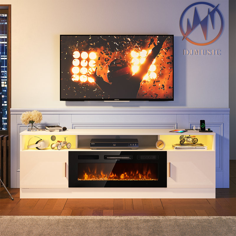 70'' TV Stand for TVs up to 80'' with Electric Fireplace, Power Outlets, LED Lights and Adjustable Shelves, White/Black