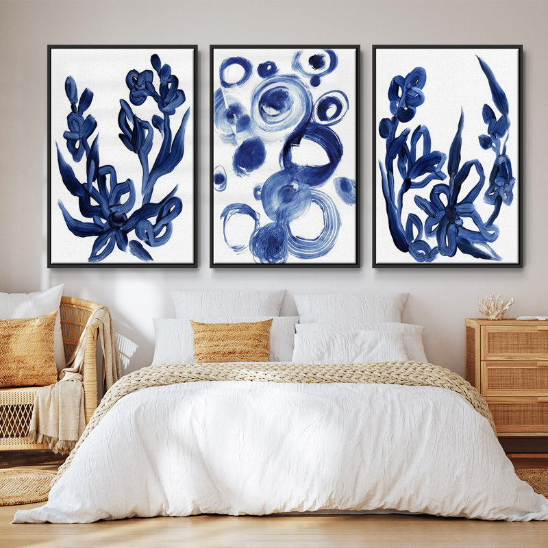 Indigo en fleurs I 3 pièces, H 27 po x l 54 po, Noir