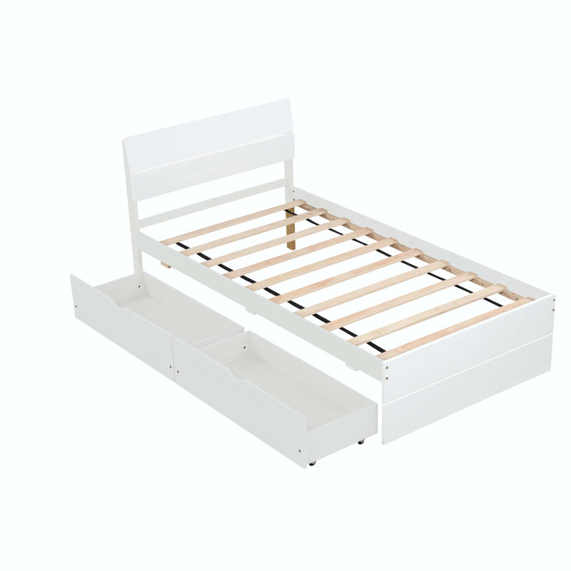 Modern Twin Bed Frame With 2 Drawers High Gloss Headboard and Footboard,Platform Bed, White