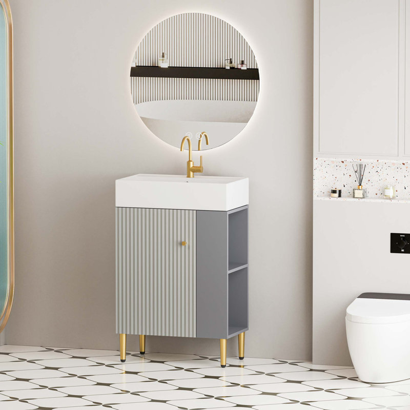 Meuble-lavabo à tablettes ouvertes de 21,6 po avec lavabo en céramique, porte à fermeture en douceur, tablette de rangement à droite, assemblage requis