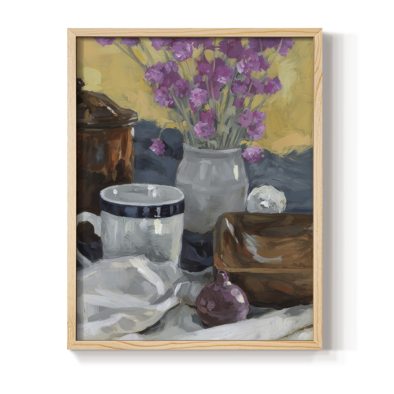 Nature morte avec fleurs séchées II, reproduction encadrée - bois massif, Naturel, H 11 po x l 9 po
