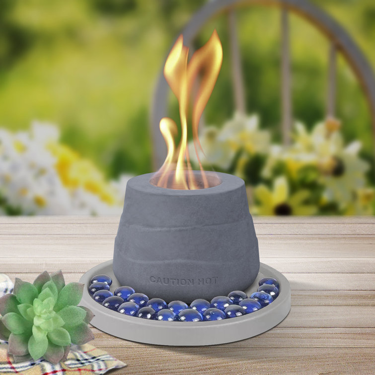 Kante 5.1 in. Small Cake Concrete Rubbing Alcohol Tabletop Fire Pit, Blue  Fire Glass and 7.2in. Base