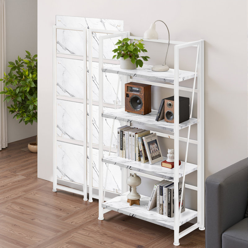 4-Tier Foldable Bookshelf With Metal Frame, No-Assembly Storage Shelves & Plant Display Rack For Home Office, White