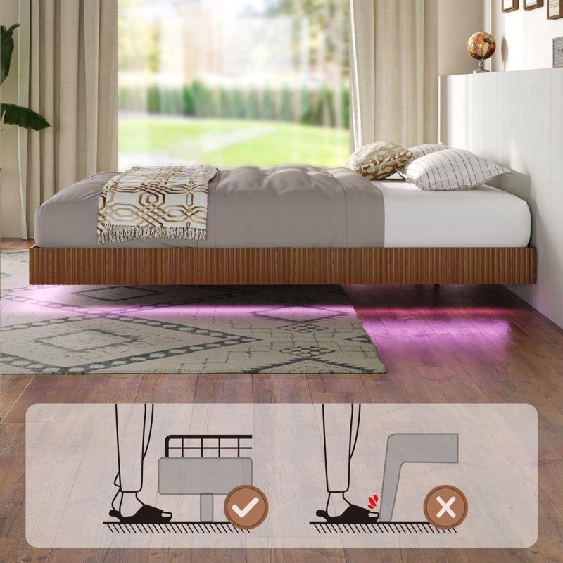 Queen Floating Bed Frame With Led Lights, Fluted Bed Frame Floating, Walnut