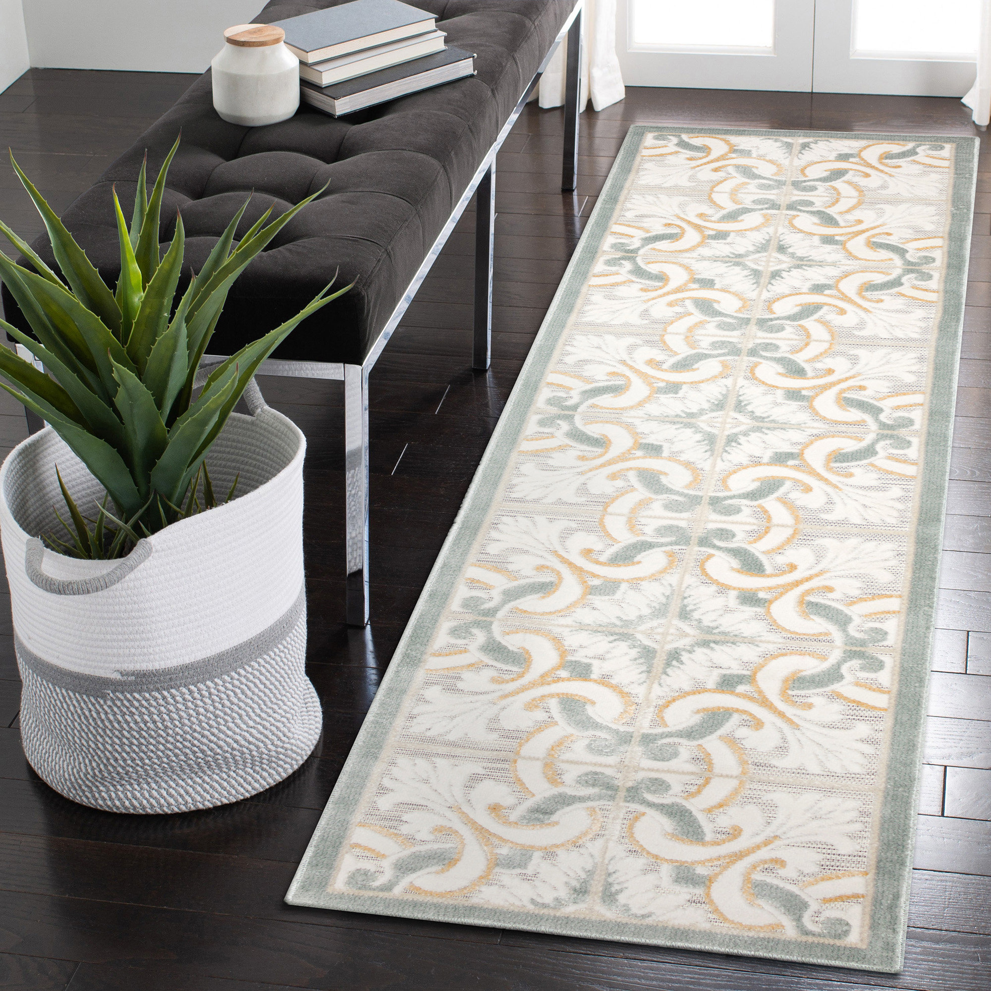 Bungalow Rose Modern Area Rug Floral Tile Indoor/Outdoor Rug Ivory ...