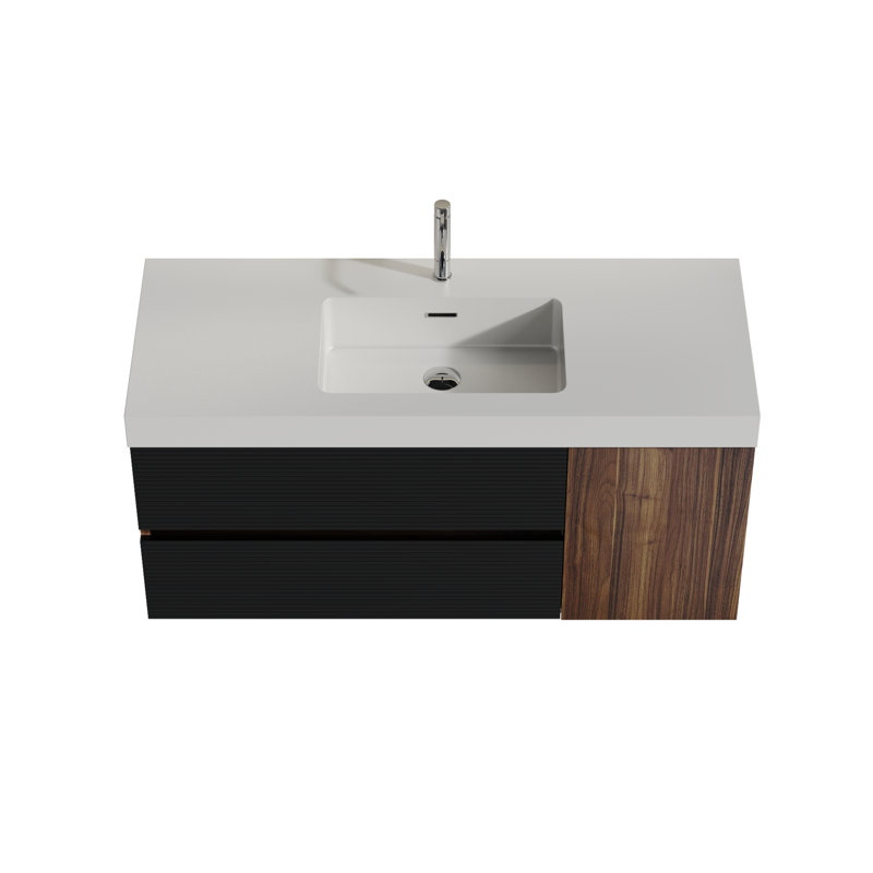 Meuble-lavabo 48 po en noyer avec lavabo à surface solide et tiroirs noirs doux, Noir; brun / blanc brillant