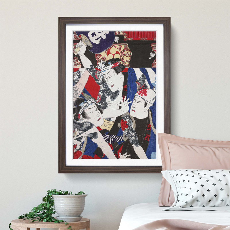 Three Actors by Toyohara Kunichika - Framed Print, 48cm H x 36cm W x 2cm D, Walnut Framed