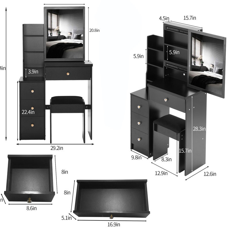 American Design Vanity Dresser With Cushioned Seat & Extra Large Sliding Mirror, Multi-layered Storage For Compact Spaces, Black, , , Ul Listed Area Dressing Table Stool, Expansive Multi-layer