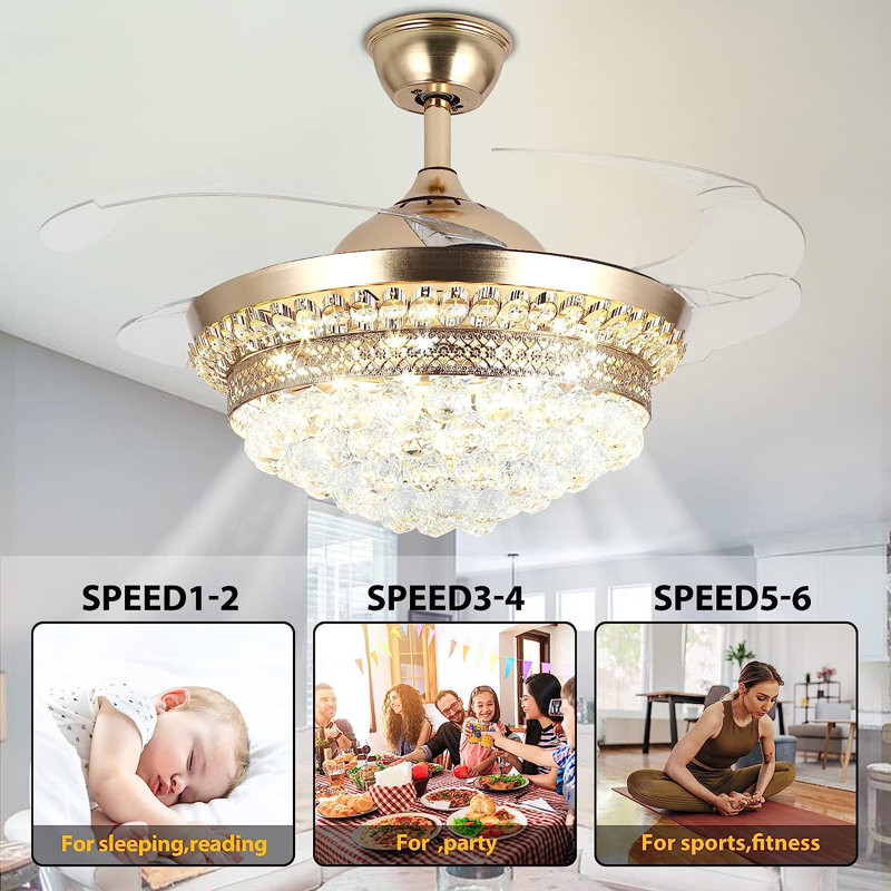Ventilateur de plafond à DEL en cristal à 4 pales Forbell avec télécommande et ensemble d'éclairage inclus, Or
