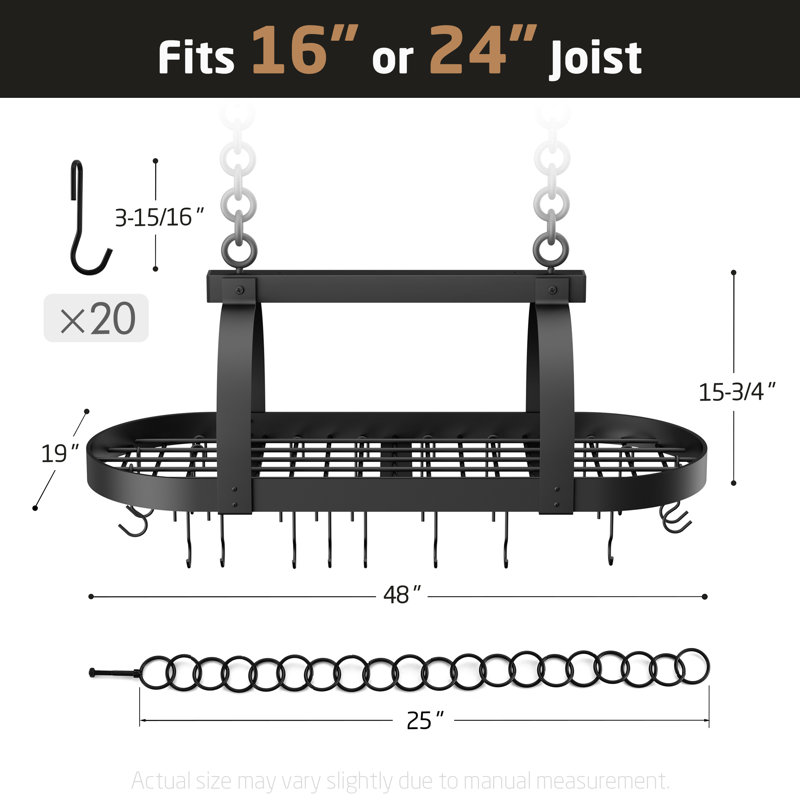 Grand support à casseroles suspendu noir de 48 po Mint Pantry® avec 20 crochets (pour fixation de poteau de 16 po et de 24 po)