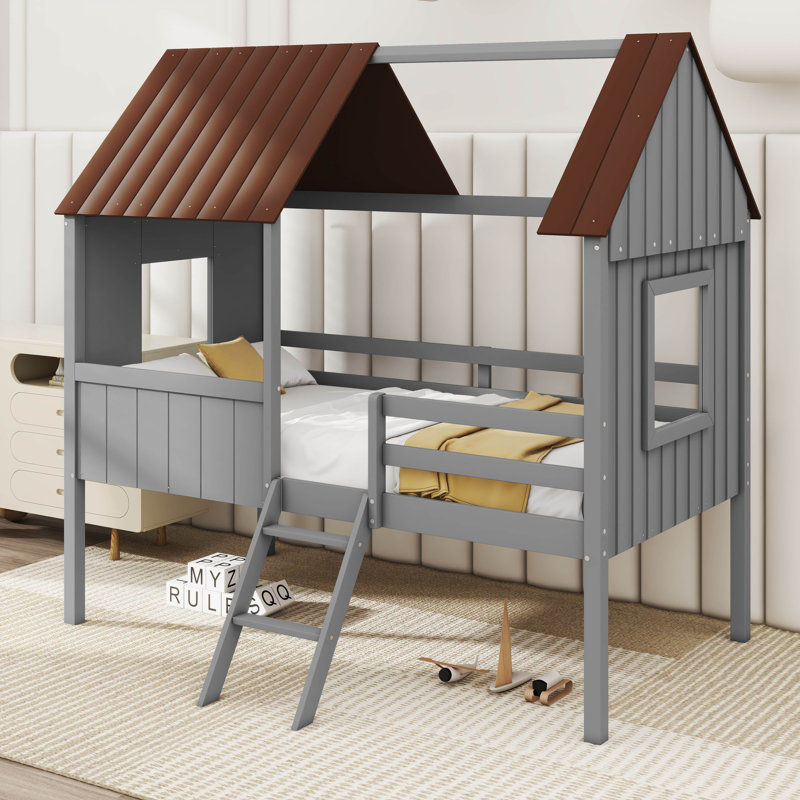 Emera Low Loft House Bed With Guardrails, Gray/Brown