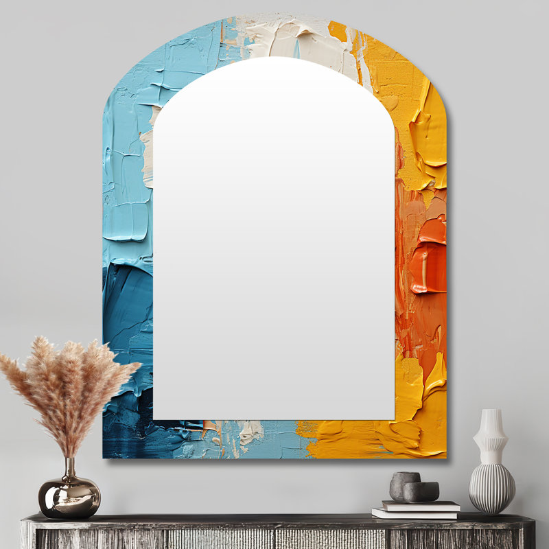 Southern Sensitivity Bold Blue Yellow Orange - Abstract Painting Arch Mirror, Beige Asymmetrical Decorative Wall Mirror, Printed Metal Art