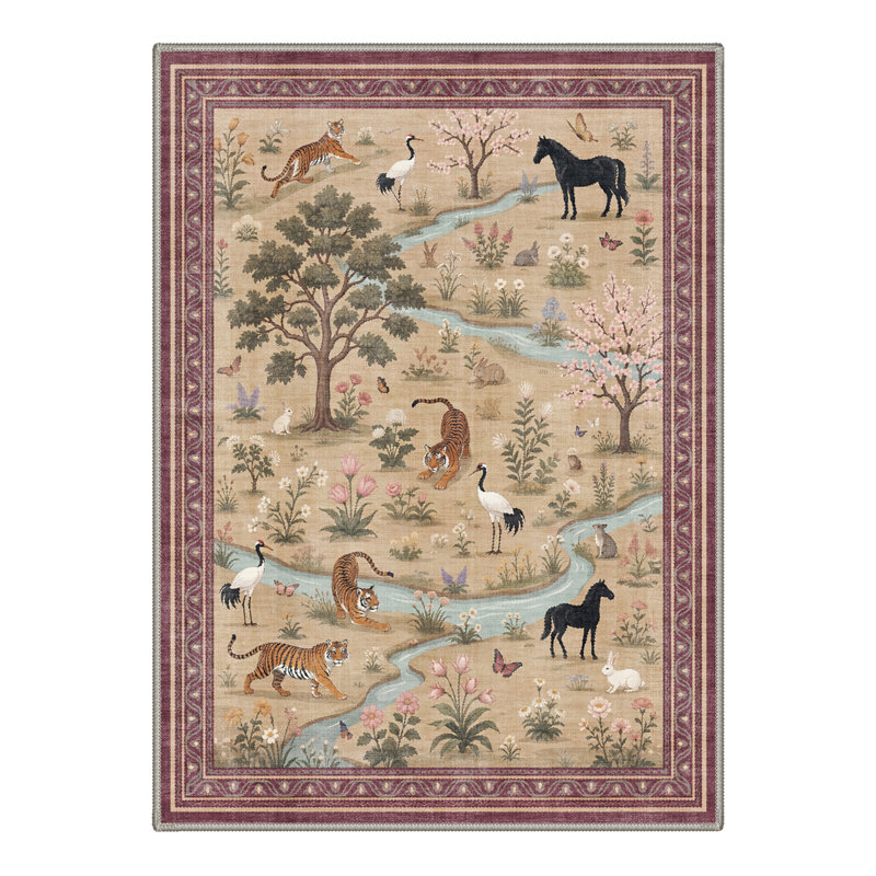 Alcoa Wild Paws Animal Print Machine Washable Beige Indoor Area Rug with Non-Slip Backing, Rectangle 5' x 7'