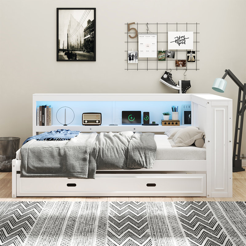 Solid Wood Daybed With Trundle USB Ports And LED Lights, White