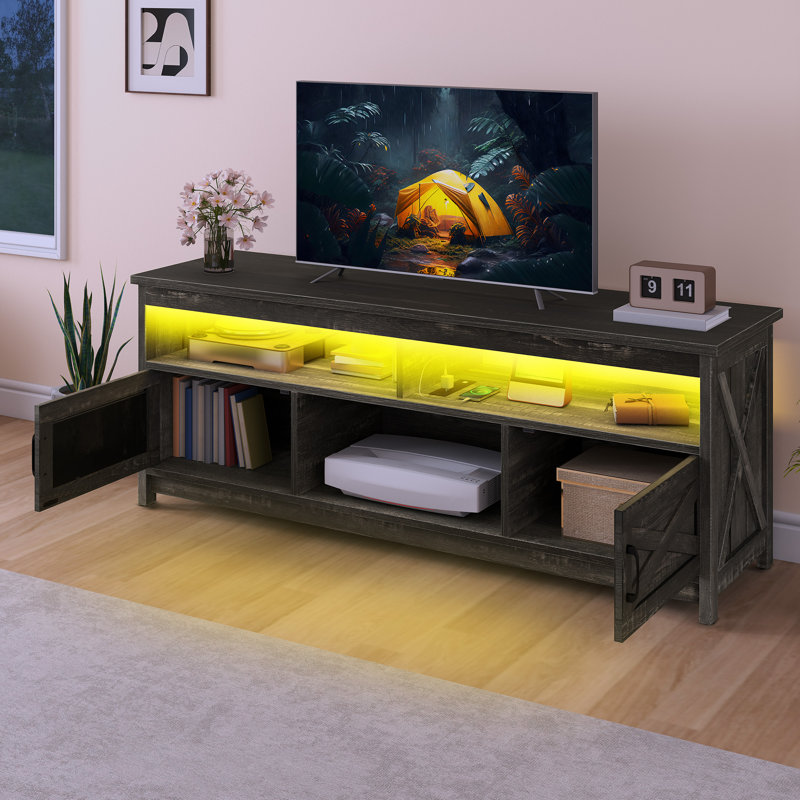 Modern Mid-Century Entertainment Center Media Console Table TV Stand With Power Outlet Storage Cabinets And Open Shelf, Gray