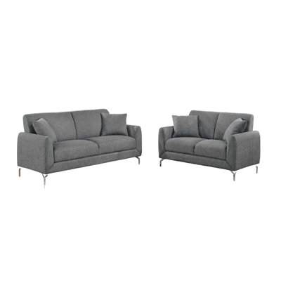 Elegant 2Pc Sofa Set Dark Gray Burlap Like Fabric Sofa Loveseat W Pillows Cozy Design Plush Couch Living Room