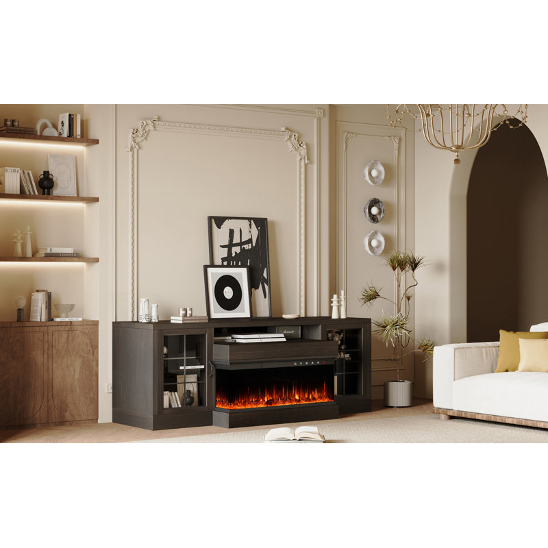 3-Sided Farmhouse TV Stand, Entertainment Center With Glass Door, Only Tv Stand(Fireplace Not Include), Brown