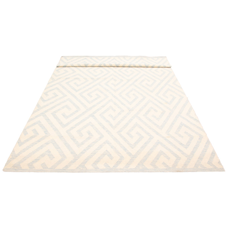 Tapis oriental crème et bleu en laine tissé à plat à la main 13 pi x 16 pi Anedra