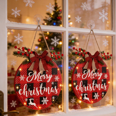 2 panneaux de porte Merry Christmas avec lumières, panneau de bienvenue suspendu en bois de 12 pouces pour porte d'entrée, porche, jardin, décoration murale de Noël, couronnes de bienvenue pour la porte d'entrée (pile non incluse)