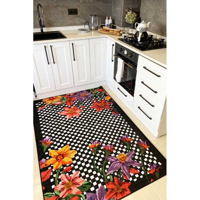 Tapis noir et blanc Floret, Rectangle 5 pi 1,02 po x 7 pi 6,55 po