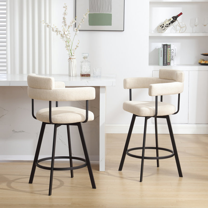 Tabouret de comptoir pivotant en lin 26 po avec dossier incurvé et structure en métal Rabassa, Beige